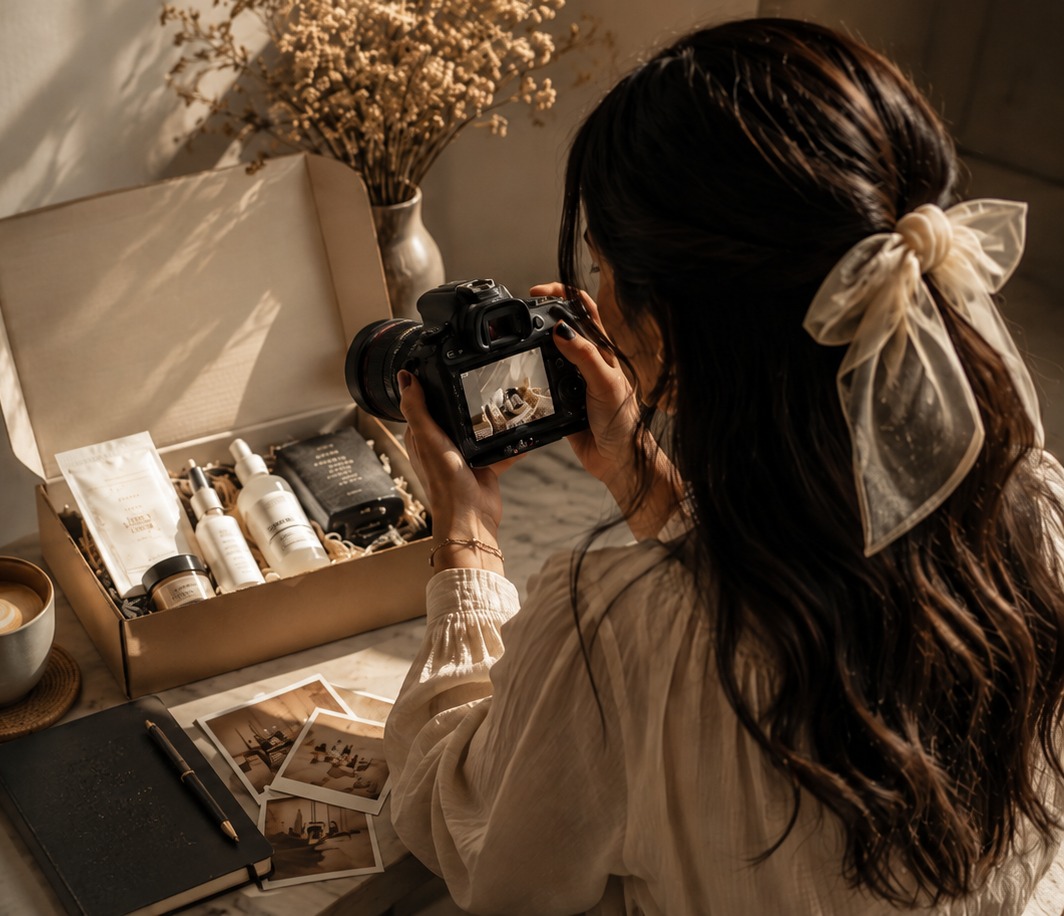Haiqa Nadeem photographing a PR package with her camera