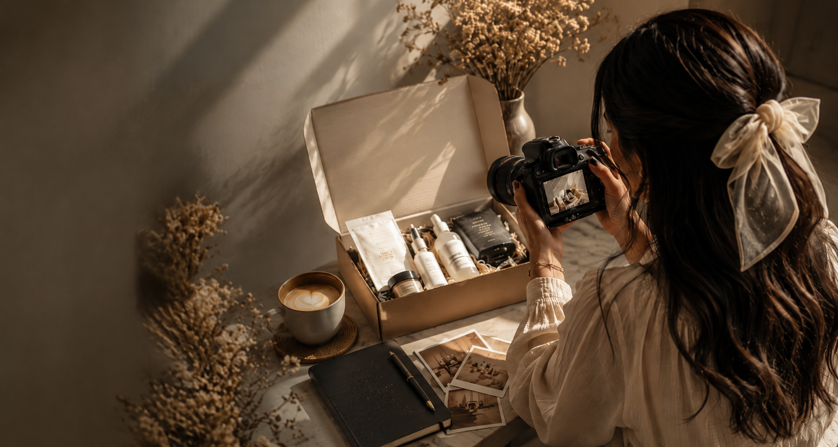 Haiqa Nadeem photographing a PR unboxing package